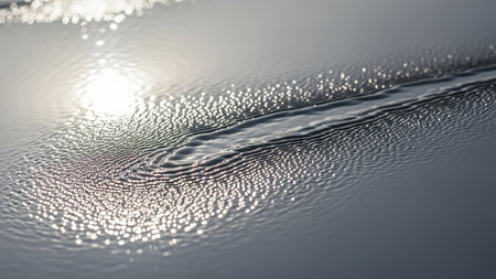 A close-up abstract view of a rippling water surface with bright sun reflections and light glare creating a sparkling pattern.の素材