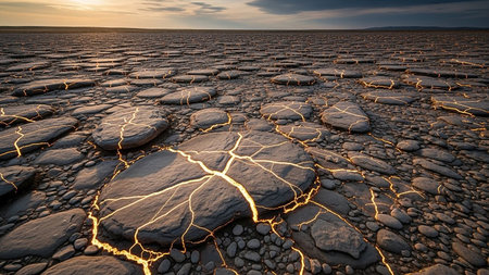 A barren landscape of cracked earth with glowing orange lava fissures running through the rocky ground under a cloudy sky.の素材