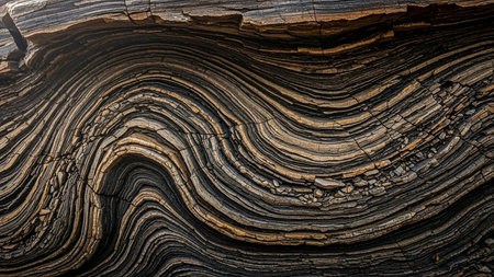 A detailed close-up of a layered rock formation showing intricate swirling patterns and textures in earthy tones.の素材