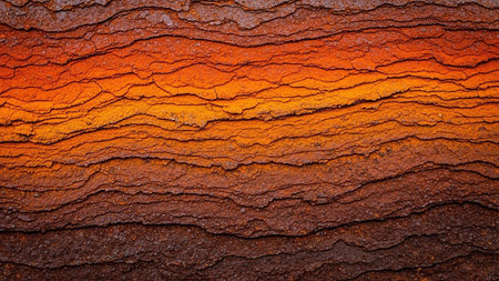 A close-up texture of layered, cracked, and rusted metal displaying deep orange and brown hues.の素材