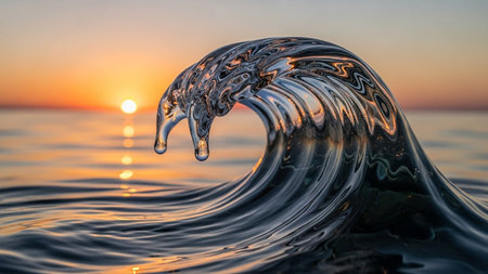 Jhfgdnew showing close-up of a crystal clear water wave breaking at sunset with sun glinting keywords: water, wave, ocean, sea, breaking wave, water...の素材