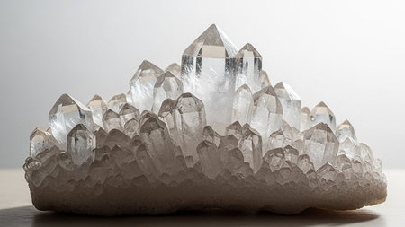 A cluster of clear quartz crystal points with sharp facets and geometric shapes, illuminated and reflecting light.の素材