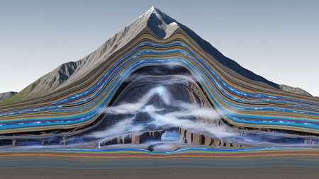 A detailed cross-section of a mountain revealing distinct geological layers, underground caves, flowing water, and internal lightning.の素材