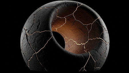 Spherical showing cracked spherical object with glowing golden interior. High resolution image suitable for commercial use.の素材