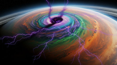 A dramatic view of a swirling storm on a ringed alien planet with purple lightning.の素材