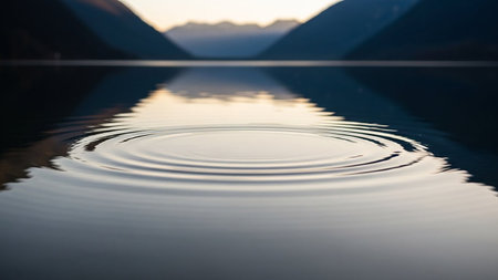 Concentric ripples spread across a calm water surface with a blurred reflection of mountains in the distance.の素材