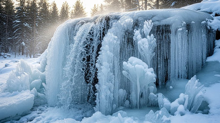 Cold showing frozen waterfall with icicles and snow covered trees in winter sunlight keywords: winter, waterfall, ice, frozen, icicles, snow,...の素材