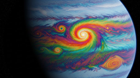 A stylized depiction of the planet Jupiter with vibrant, swirling rainbow-colored storms and atmospheric...の素材