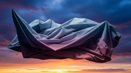 A surreal abstract sculpture made of flowing fabric floats against a dramatic sunset sky with vibrant colors and textured clouds.の素材