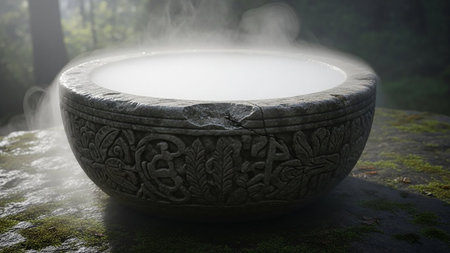 An ancient, intricately carved stone basin filled with white steam sits on a mossy rock in a forest, creating a mystical atmosphere.の素材