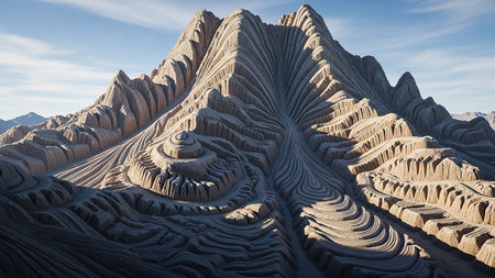 A mountain sculpted with intricate swirling patterns and layered textures, resembling carved sandstone under dramatic sunlight and shadow.の素材