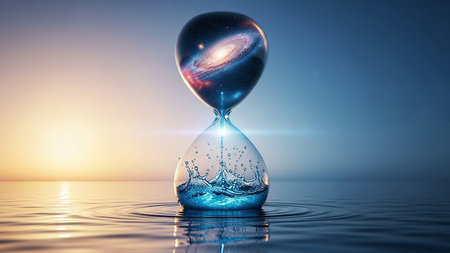 An hourglass with a galaxy in the top bulb and water splashing in the bottom bulb, set against a gradient sky.の素材