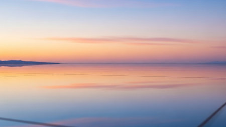 A mirror-like reflection of a pastel sunset sky with soft pink and orange clouds on a flat, vast surface, creating a serene vista.の素材