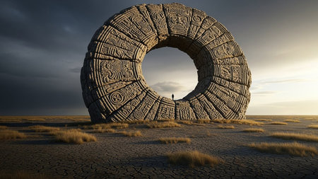 A colossal, intricately carved stone ring stands in a desolate, cracked earth landscape under a dramatic, cloudy sky.の素材