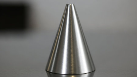 A polished silver metal cone stands on a reflective surface, with a blurred background creating a sense of depth and focus.の素材