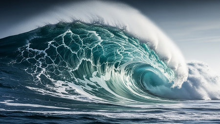 A massive turquoise ocean wave crashes with powerful white foam and intricate water textures.の素材