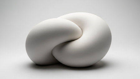 A smooth, matte white abstract sculpture with intertwined organic forms is presented on a light gray studio background with soft lighting.の素材
