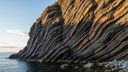A dramatic cliff face of layered sedimentary rock meets the ocean, illuminated by warm sunlight highlighting its striations.の素材