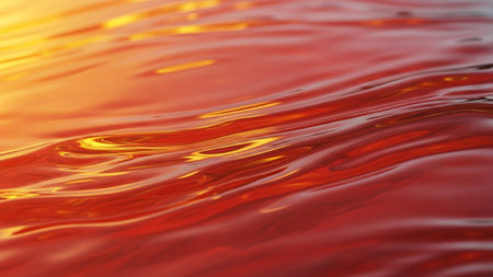 Close-up of a rippling red liquid surface with bright golden sunlight reflecting on the waves.の素材