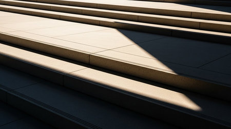 Sunlight casts a sharp diagonal shadow across outdoor stone staircase steps, creating geometric contrast.の素材
