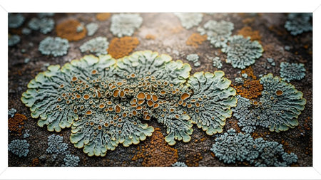 Close up of colorful lichen growing in patterns on a textured rock surface. Clear details and vibrant colors e...の素材