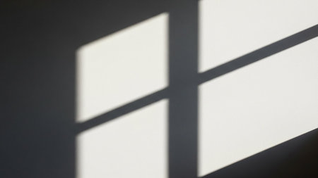 A geometric shadow pattern, resembling a window grid, is cast on a white wall by bright sunlight.の素材