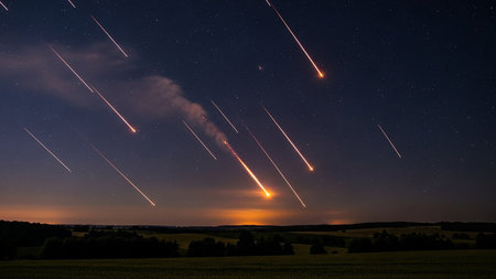 A meteor shower with bright streaks of light falling across a dark, starry night sky.の素材