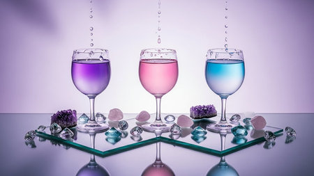 Three wine glasses filled with colored liquids sit on a mirrored surface surrounded by crystals.の素材