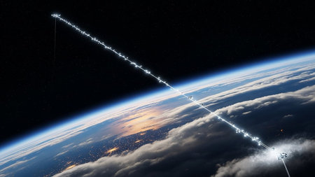 A futuristic space elevator ascends above Earth's atmosphere, connecting to the stars and clouds.の素材
