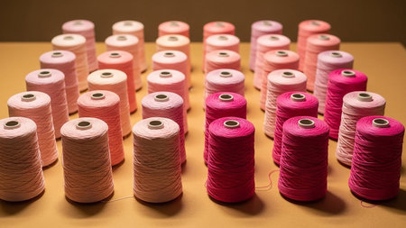 A collection of pink and magenta thread spools arranged on a brown surface. Clear details and vibrant colors e...の素材