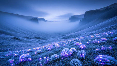 A blue-toned valley with glowing purple plants and foggy cliffs, creating an ethereal and mysterious atmosphere.の素材