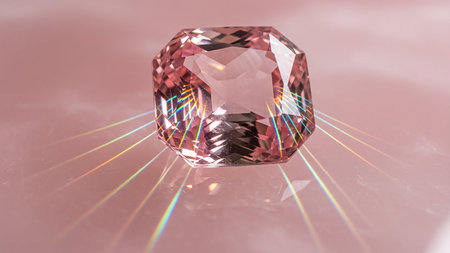 A faceted pink gemstone with rainbow light refractions casting colorful lines on a pink surface.の素材