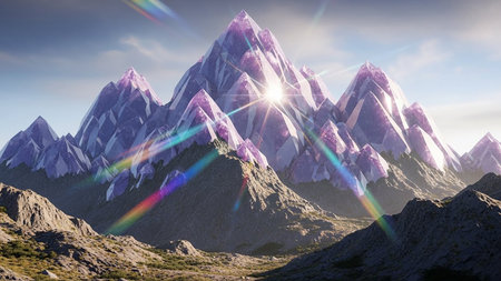Majestic crystal mountains shimmer with vibrant rainbow light from the rising sun.の素材