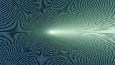 Abstract radial pattern of thin dark lines emanating from a bright white light source with blue-green tones.の素材