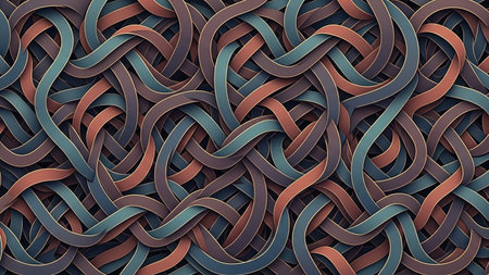 A complex pattern of intertwined ribbons in brown, blue, and teal creating a woven texture.の素材