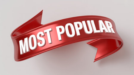 Best showing 3d red ribbon banner with white text mostpopular on a light background keywords:...の素材