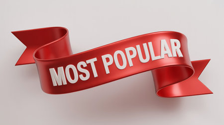Best showing red ribbon banner with white text mostpopular on a light background keywords: banner,...の素材