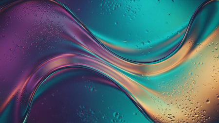An abstract swirling liquid surface with iridescent teal purple and gold hues and tiny water droplets creating a texture.の素材