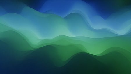 Organic, flowing shapes in vibrant green and deep blue create a dynamic, undulating abstract landscape with smooth gradients and soft edges.の素材