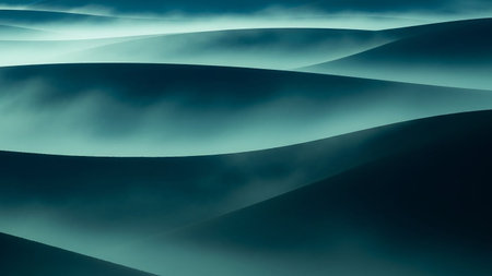 A misty blue-green layered landscape soft rolling hills and ethereal fog, creating a serene and atmospheric sense of depth and tranquility.の素材