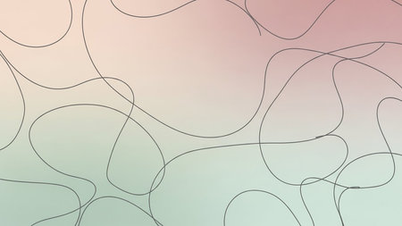 Abstract composition featuring soft pink and green gradient background with overlapping, fluid black organic lines creating a gentle and smooth pattern.の素材