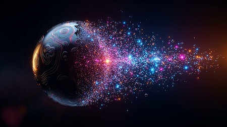 Disintegrating showing a dark metallic sphere with swirling patterns disintegrating into a cloud of colorful glowing particles in pink, blue, and...の素材
