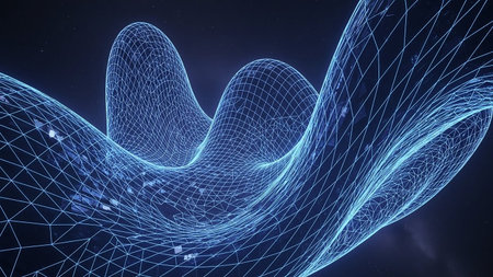 Starry showing abstract glowing blue wireframe mesh forming organic undulating shapes against a dark starry background. resolutionの素材