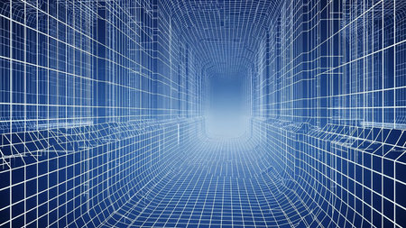 A digital wireframe tunnel with a blue grid pattern recedes into a bright white and blue light at the vanishing point, creating a sense of depth.の素材