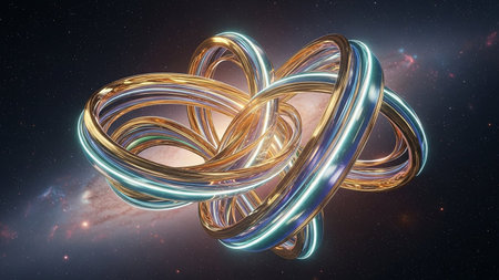 A complex, intertwined metallic knot sculpture with iridescent blue and gold highlights floats against a backdrop of a cosmic nebula and stars.の素材