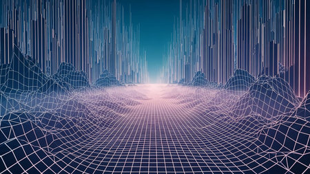 Digital showing wireframe landscape with a grid floor receding into a misty horizon under a teal sky with vertical lines representing data streams...の素材
