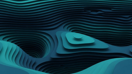 An abstract topographic landscape rendered in layered teal and dark blue contours, evoking a sense of depth and natural formation.の素材