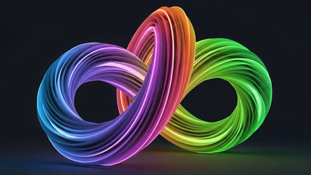 A glowing infinity symbol formed by a twisted ribbon a vibrant rainbow gradient against a dark, subtle background.の素材