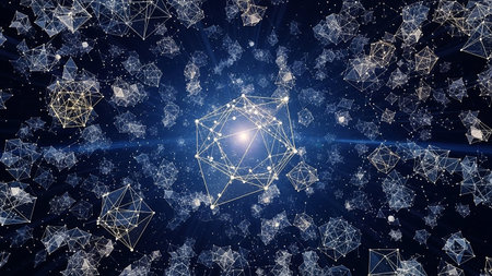 An abstract deep blue space scene filled with a vast network of interconnected glowing white geometric polygons and illuminated nodes, suggesting a...の素材
