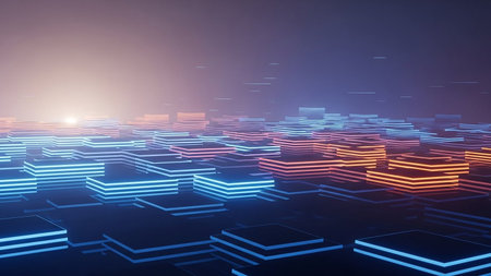 Digital showing abstract digital cityscape with glowing neon blue and orange rectangular blocks arranged in a grid pattern under a hazy sky with a...の素材